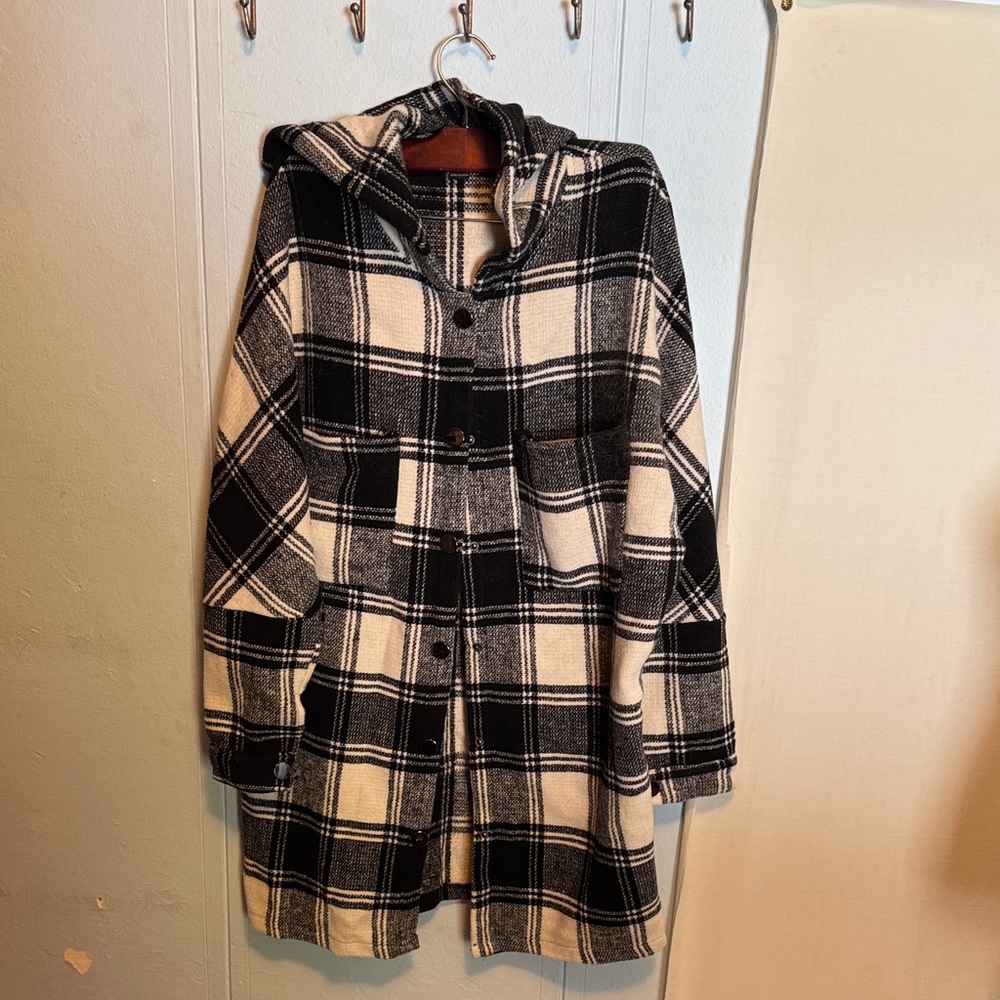 Women's Black and White Plaid Hooded Utility Jacket
